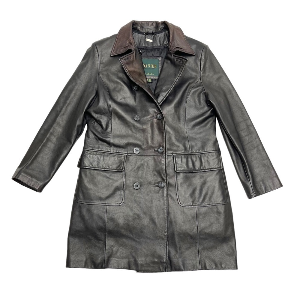 DANIER Leather coat black Size M double breasted thermo lined metallic red